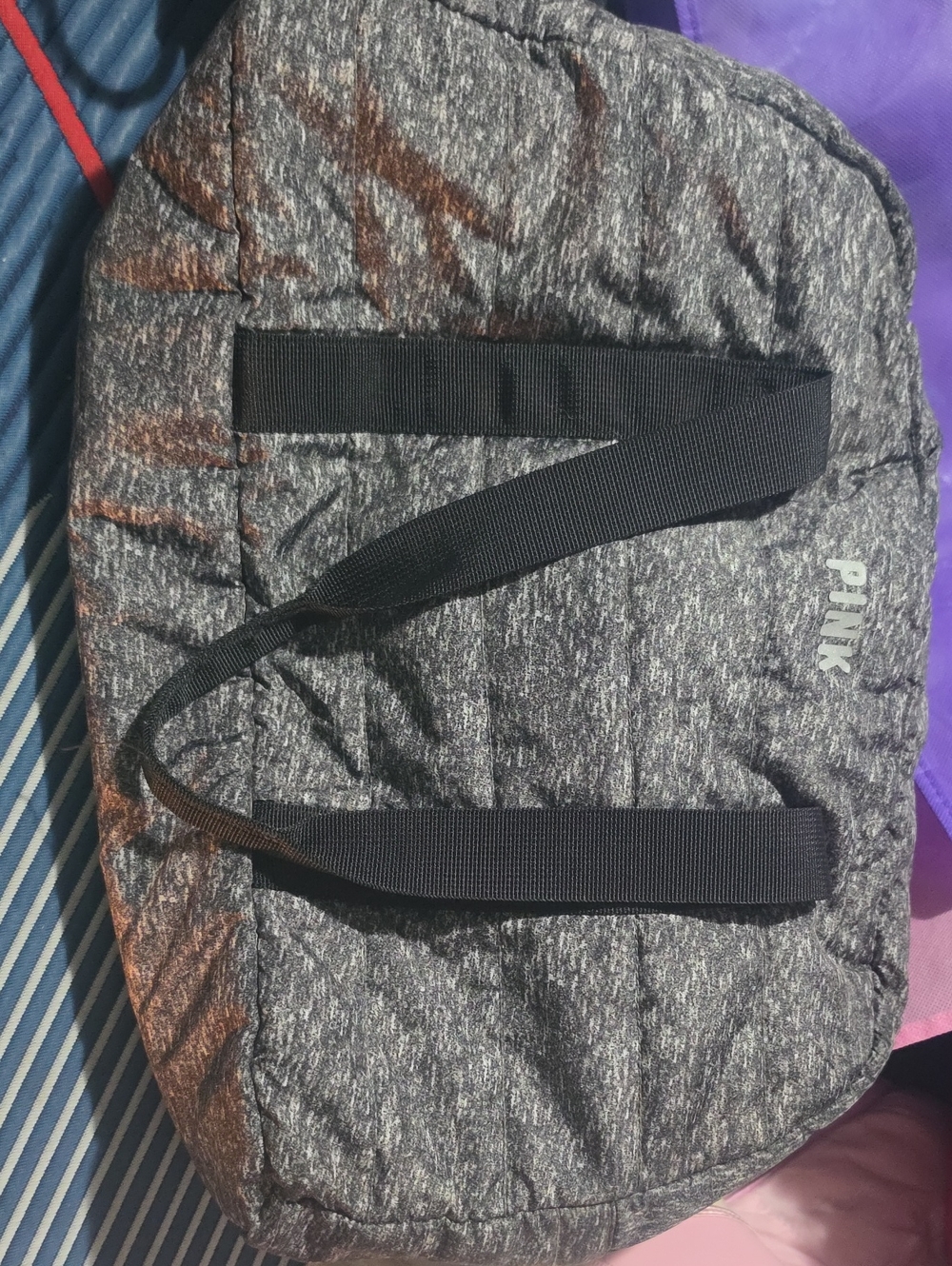 PINK Victoria's Secret Gray Quilted Duffel with Black Straps